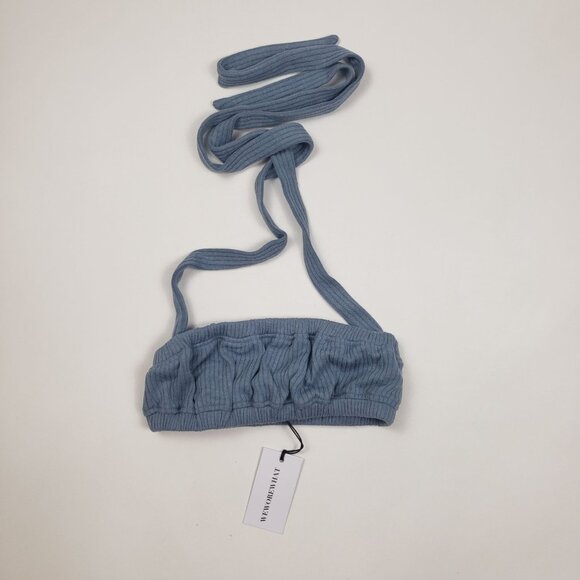 We Wore What Revolve Tie Halter Wide Rib Bra Top Women's Size XS Storm Blue NWT - Picture 3 of 16